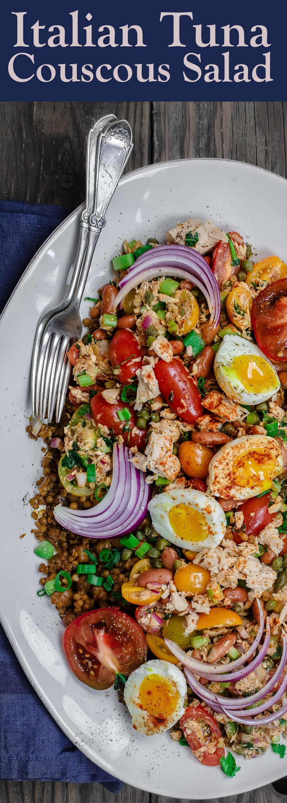 Tuna Couscous Salad Recipe | The Mediterranean Dish. Canned tuna takes on an Italian twist with kindey beans, fresh veggies, capers and more! Add heat and ready couscous pilaf from @wildgardenfoods for an easy weeknight dinner! See the full recipe on TheMediterraneanDish.com